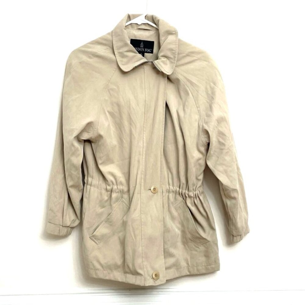London Fog Short Coat Windbreaker Size Small Petite Tan Adjustable Waist Classic